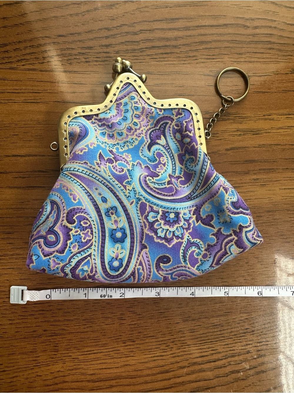 Paisley Coin Purse with Antique Gold Frame and Purple & Blue Fabric Pouch - Picture 4 of 5